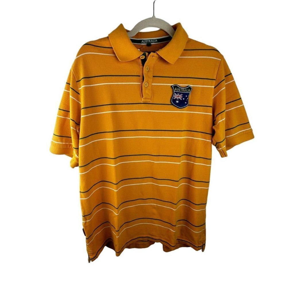 Rugby Heritage Mens Australia Polo Shirt sz Large Yellow Striped Crest‎
